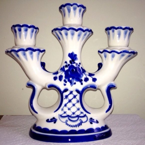 NEW Gzhel Porcelain Tri Candelabra Candlestick Handmade Signed Unique Imported - Picture 1 of 5